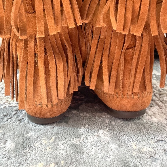 Brown Suede Western Boho Moccasin 3-Layer Fringe Boots Sz 9 - Picture 9 of 16